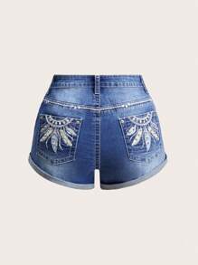 SHEIN MOD Women's Pocketed Embroidered Feather Pattern Denim Shorts - Dark Wash - View 1