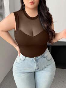 Vibekara Plus Size Mesh Sheer Sexy Net Patchwork Black Top T-Shirt - Brown - View 1