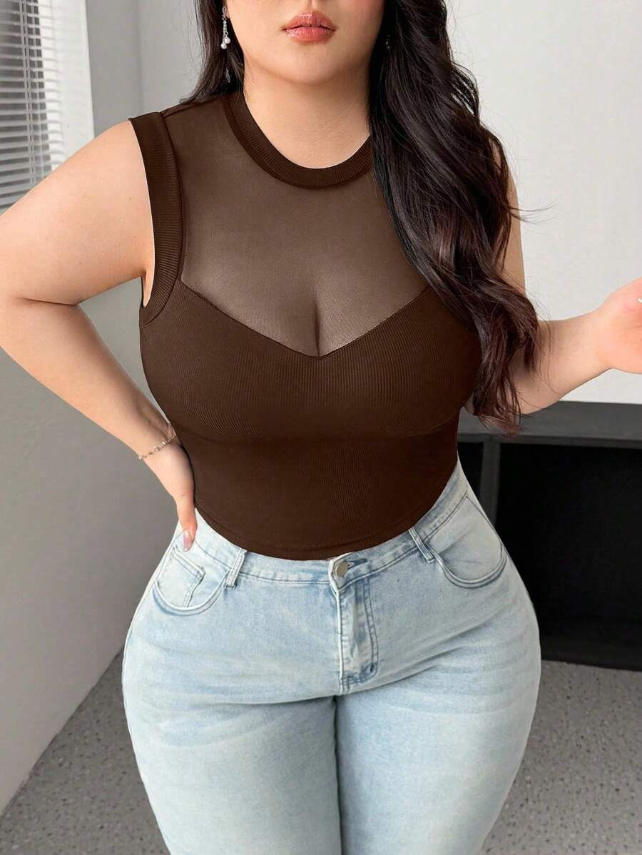 Vibekara Plus Size Mesh Sheer Sexy Net Patchwork Black Top T-Shirt - Brown - View 1