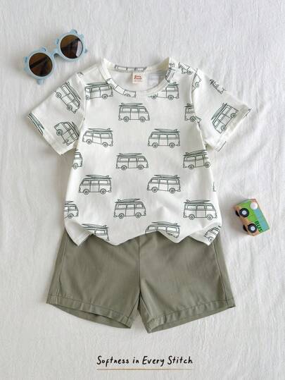Cozy Pixies 2pcs/Set Infant Baby Boy Truck Graphic Knitted Soft Round Neck Short Sleeve Top And Solid Color Elastic Waist Shorts Toddler Car Clothes Baby Boy Summer Outfit