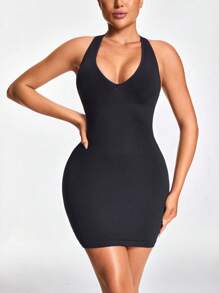 SHAPORA 女式纯色 V 领吊带背心式短款紧身连衣裙，休闲 - 黑色 - 查看 2