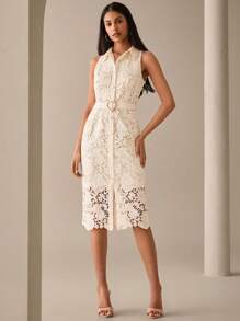 Lilora Vestido de encaje de longitud media con cuello de camisa sin mangas, elegante y bordado con diseño calado, adecuado para ir a trabajar, uso diario y fiestas, con estilo urbano, romántico y elegante para salir - Albaricoque - Ver 7