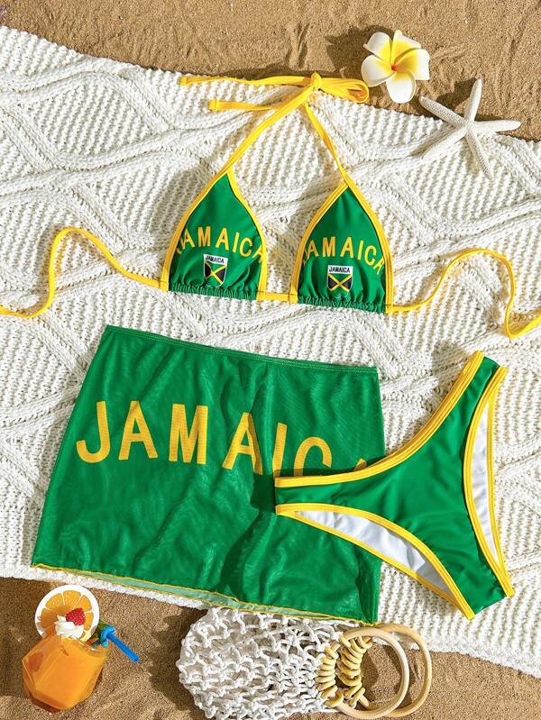 Swim Vcay Set de costume de baie de plajă de vară pentru femei, 3 piese - partea de sus, partea de jos și fustă, galben-verde, imprimeu cu litera Jamaica poziționată, logo mare, sexy pentru vacanță