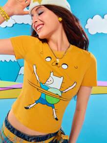 Adventure Time X ROMWE 女式 Y2K 可爱有趣新奇卡通图案 T 恤 - 黃色 - 查看 6