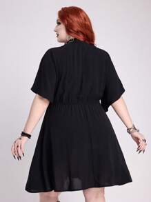 ROMWE Spring/Summer Carnival Party Casual Black Gothic Hippie Vacation Style Black Star & Moon Plant Snake Print Embroidered Plus Size Dress - Black - View 2