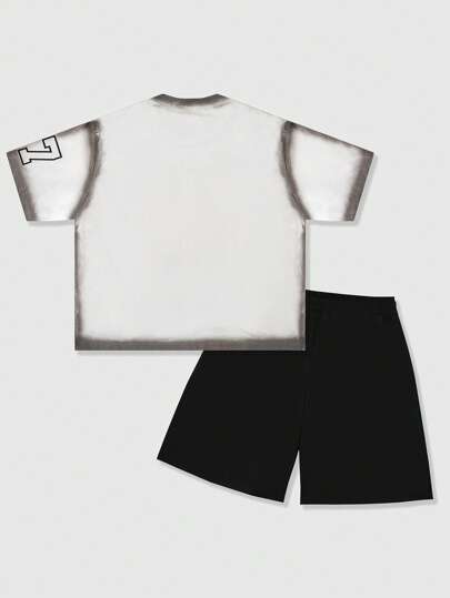 Street Life 2pcs Men's Color Character Print Splashed Distressed Letter & Figure Print Short Sleeve T-Shirt And Shorts Set