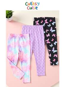 SHEIN Young Girl 3pcs/Set Knitted Solid Color Leggings With Heart And Butterfly Print, Casual Wear