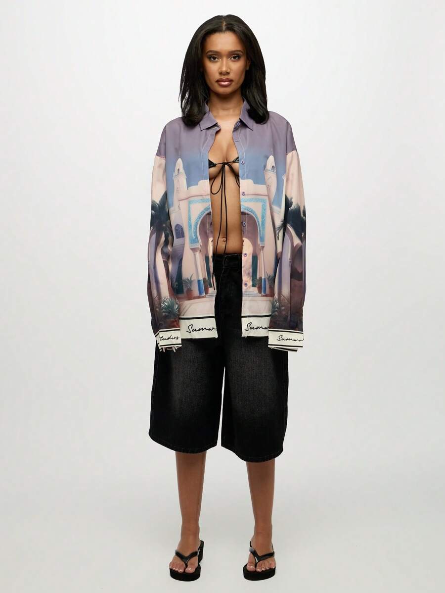 SUMWON WOMEN Scenic Print Long Sleeve Resort Collection Shirt Blouse Luxury Vacation Holiday Summer Casual Beachwear Button Down Top Travel Leisure Wear - Multicolor - View 1