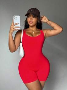 SHEIN Sport Studio Damen Große Größen nahtloser roter Rückenausschnitt Jumpsuit
