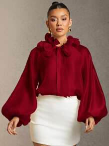 Hauture Women's Solid Color Frill Trim Tie Neck Red Lantern Sleeve Elegant Blouse - Burgundy - View 5
