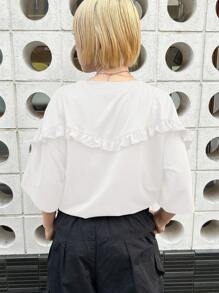 FRIFUL Petite Frauen Kurzarm Buchstaben Grafik Rüschen Splice Loose T-Shirt, Lässig Sommer Rüschen Shirt Süßes T-Shirt T-Shirts Frauen Oversized Weißes Rüschen Shirt Frauen T-Shirt - Weiss - Übersicht 2