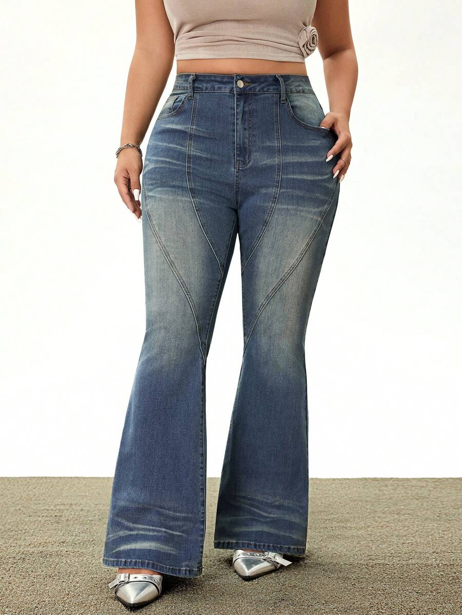 Rina Fox Jeans de mezclilla elásticos de mediablanche de estilo callejero para mujer de talla grande - Azul lavado medio - Ver 1