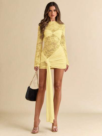 SHEIN BAE Vestido largo de manga larga de encaje burdeos semitransparente con faja, vestido de fiesta para club, cita, fiesta navideña, invitada de boda, atuendo para eventos formales