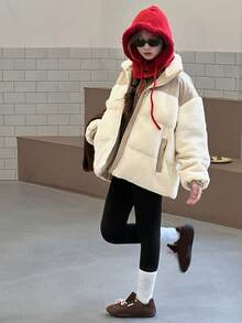 DAZY 青少年（女孩）韩版撞色羊毛拼布休闲棉服冬季外套 - 彩色 - 查看 4