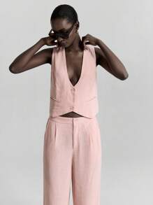 Ontre Bộ trang phục 2 món mùa thu mới 2025 dành cho nữ, bao gồm quần vest chất liệu vải lanh, bộ vest vest, bộ vest blazer phong cách nghỉ dưỡng bằng vải lanh, bộ vest quần, bộ vest công sở thường ngày cho nữ - Hồng - Xem 5