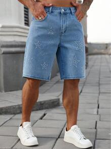 Manfinity Homme Plus Size Men's Rhinestone Star Pockets Wide Leg Loose Bermuda Denim Shorts
