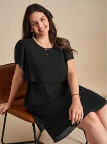 Chikora Đầm xếp lớp mùa hè thường ngày cổ tròn tay loe màu trơn cỡ lớn - màu đen - Xem 7