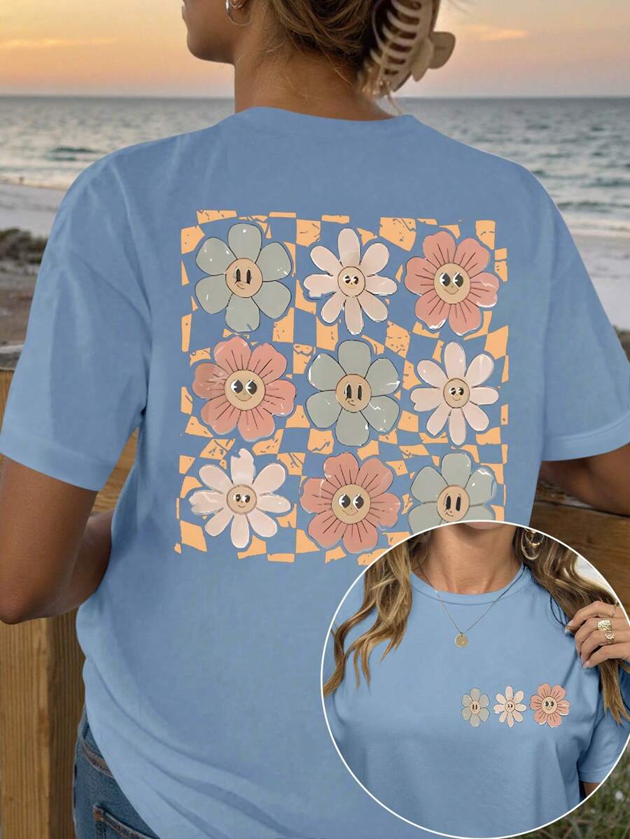 Flirla 大码女式花卉印花休闲圆领短袖T恤 - 霧霾藍 - 查看 1