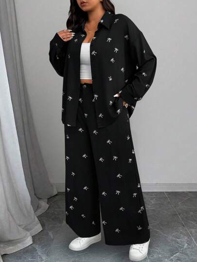 Calvaya ملابس علوية وبنطلون قطعتين مطبوع عليهما فيونكة، طقم أنيق للمقاسات الكبيرة