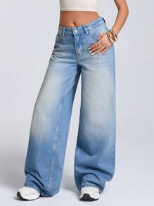 EURMUSE JEANS FEMME À LARGE JAMBE ET TAILLE BASSE - Jean bleu - Voir 3