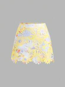 Sweetra 女士新款时尚花卉镂空浅蓝色印花迷你裙，优雅甜美紧身裙，适合度假、海滩派对、通勤