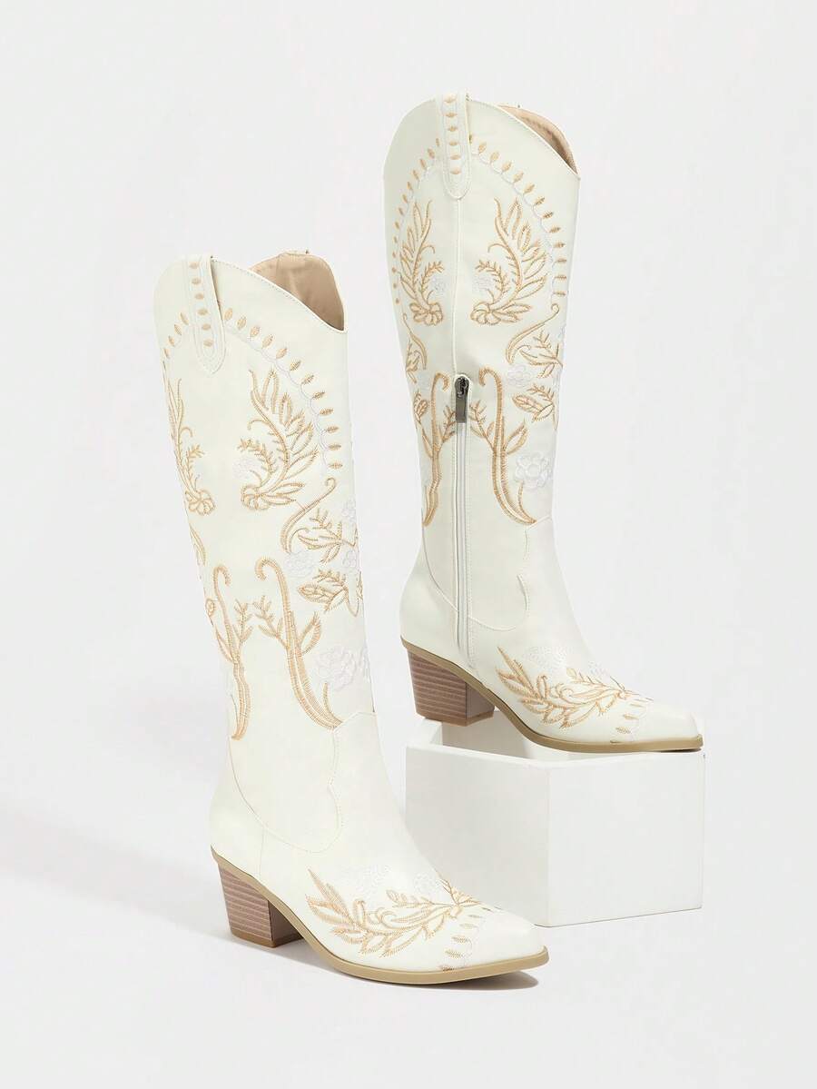 Daringsoles Women's Pointed Toe Chunky Heel Boots, Side Zipper Western Boots, Fall/Winter, PU Embroidered Knee High Casual Elegant Comfortable Riding Boots, White - White - View 1