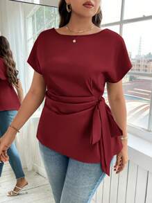 Reflora 1 件大码女式纯色蝙蝠袖系带侧结休闲衬衫，夏季