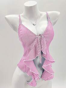 Chiquease Women's Sexy Spaghetti Strap Ruffle Hem Tie Front Camisole Tank Top, Summer