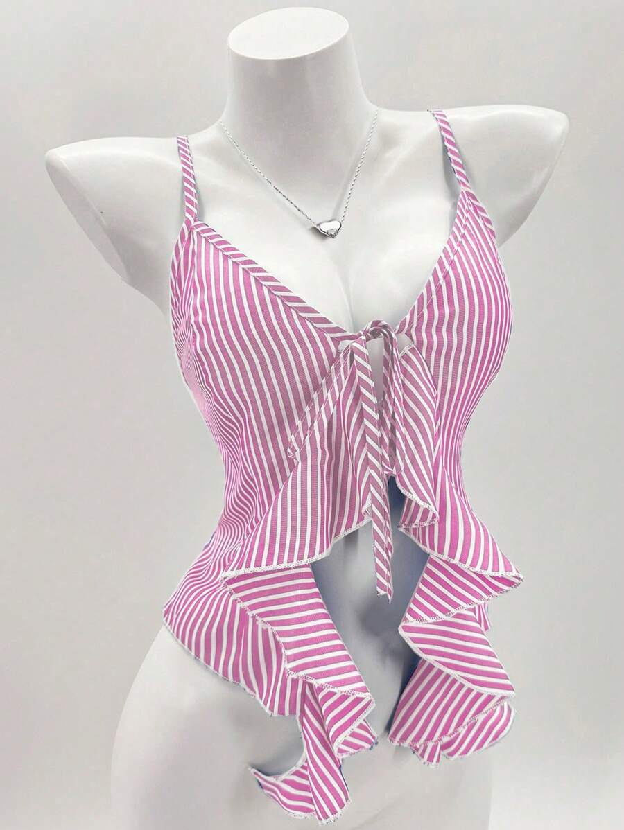 Chiquease Women's Sexy Spaghetti Strap Ruffle Hem Tie Front Camisole Tank Top, Summer