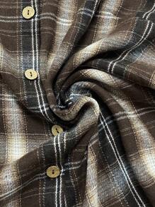 Linhara Plus Size Women Country Music Festival Casual Puff Sleeve Plaid Shirt - Coffee Brown - View 5