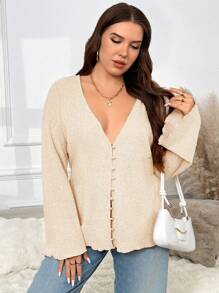 SHEIN Frenchy 大码仿珍珠纽扣深 V 领长袖针织外套 - 杏色 - 查看 6