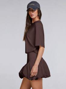 Athîral 女式纯色圆领落肩荷叶边下摆迷你连衣裙，夏季 - 棕色 - 查看 5