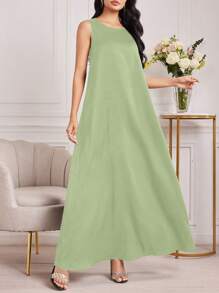 Al Najma 女式简约纯色圆领宽松长款连衣裙，夏季