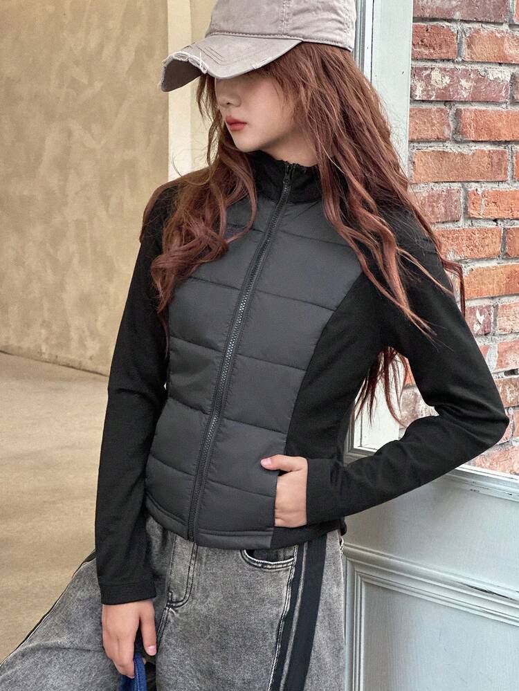 Teen Girl Casual Slim Fit Solid Color Padded Coat, Autumn/Winter, Korean Style