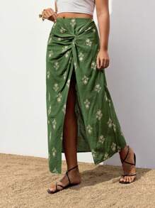 Maija Plus Size Women's Asymmetrical Print Green Twist Design High Waist Skirt, Comfortable Casual Versatile For Spring Summer, Festivals, Beach Women Summer Fall Women Autumn Back To School Homecoming Modest Vintage Women Old Money Teacher Skirt