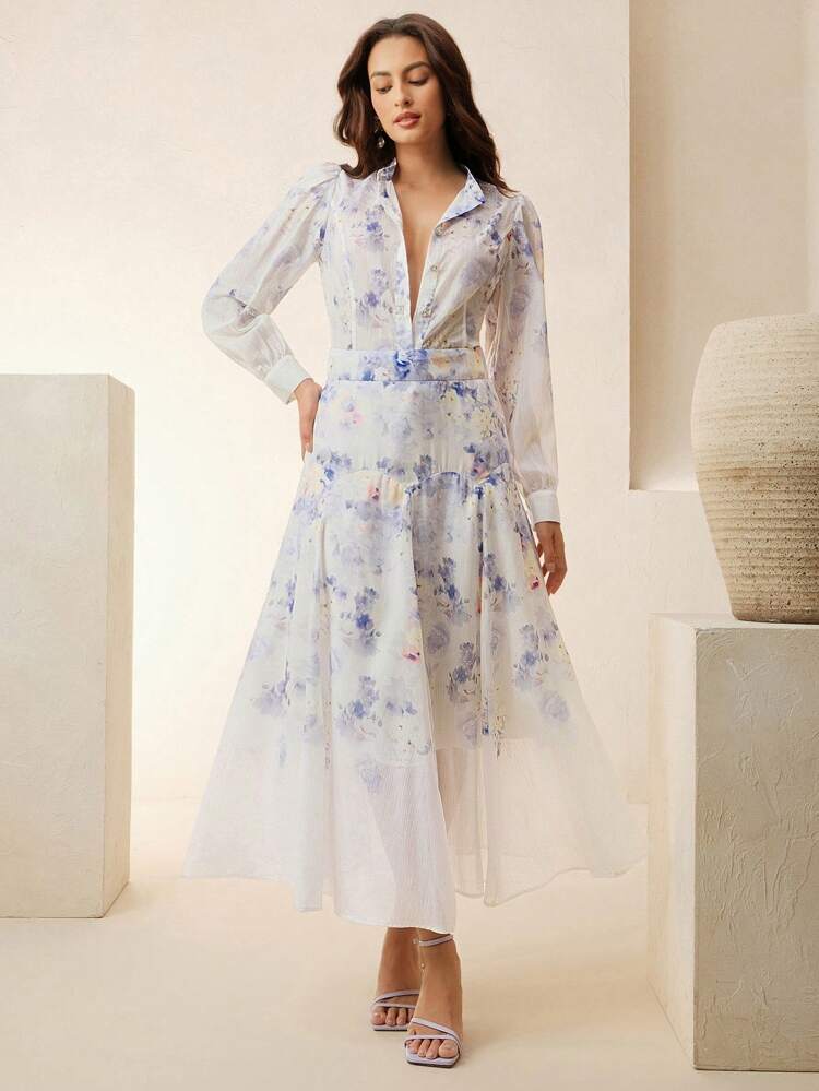 2pcs/Set Elegant Printed Long Sleeve Shirt And Long Skirt Outfit