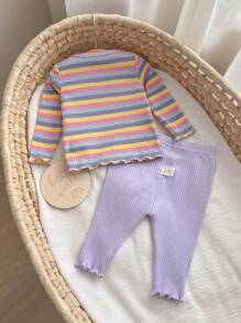 SHEIN Newborn Baby Girl Adorable Summer Knitted Colorful Striped Floral Print Long Sleeve Top And Elastic Waist Long Pants Set Fall Winter