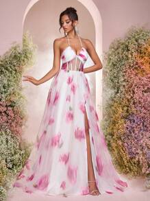 Glamrae Vestido Longo Maxi com Fenda em A, Estampa Floral Vermelha Elegante, Romântica e Luxuosa em Organza com Decote Ombro a Ombro e Decoração de Pérolas, Adequado para Férias, Convidado de Casamento, Baile de Formatura e Gala Formal à Noite