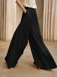 GENKIRA Calça feminina nova, cintura alta, alargada, cor sólida, casual, perna larga - Preto - Ver 4