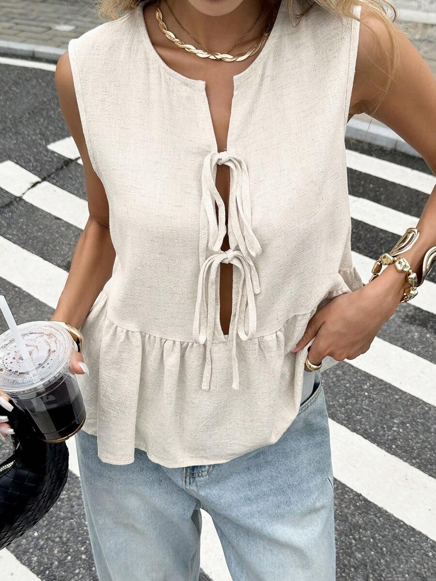 Serisse Women's  Bridgerton Sleeveless Shirt, Simple Vacation Lace Up Short Top, Summer Blouse For Women, Front Lace Up, Lace Up Blouse, Short Sleeve Blouse, Cute Summer Blouse  Wear Women's Solid Color Strap Sleeveless Vacation & Leisure Shirt Earthy Clothes