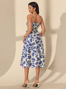 Almamuse Women Sleeveless Adjustable Strap Waist Hollow Out Floral Midi A-Line Dress - Blue - View 2