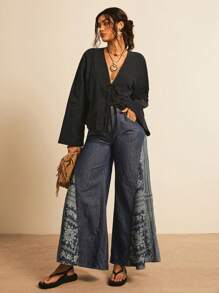 Freevana 大码休闲纯色编织喇叭袖宽松常规女式衬衫，喇叭袖上衣 - 黑色 - 查看 5