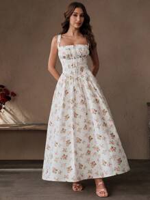 Savoree Boho Midi Sundress For Women Sleeveless Floral Print Dress With Square Neckline And Flared Hem