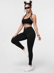 SHEIN Essnce California Embroidered Letter Patch Casual Sports Style Knit Leggings For Women, Suitable For Workout Fall Clothes Winter Clothes Women's Sportswear Yoga Pants Plus Size High Stretch Leggings Curve Plus Size Leggings Leggings Plus Size Plus Size Leggings