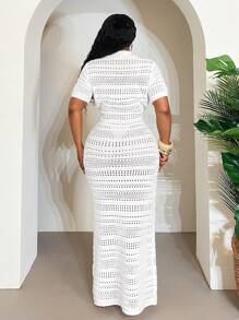 Slaydiva 复活节波西米亚风休闲轻盈纯色翻领前扣短袖修身镂空针织长裙，优雅浪漫，适合春夏季、海滩、日常穿着，加大码 - 白色 - 查看 2