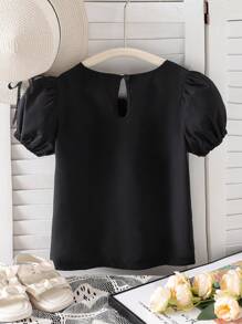 Tween Girl Frill Trim Balloon Sleeve Black Blouse - Black - View 2
