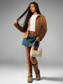 MISSGUIDED Suede Zip Front Bomber Fall Winter Fashion Soft Cropped Classic Jacket With Stand Collar Elastic Waistband Daily Casual Outerwear - Khaki - View 3