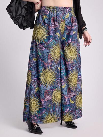 Fairycore Bohemian Style Loose Straight Leg Wide Leg Elastic Waist Pants With Plant & Animal Print, Plus Size