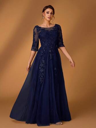 Serin 浪漫优雅圆领 3/4 袖蕾丝撞色网眼 A 字下摆奢华刺绣连衣裙，适合晚会、约会、舞会、单身派对、音乐节、婚礼、新娘母亲礼服、春夏季