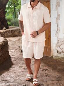 ResortEase Herren Große Größen Set aus einfarbigem Kurzarm-Hemd mit Einzelknopfleiste und Shorts - Khaki - Übersicht 3